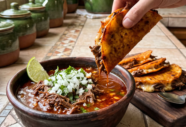 Birria tacos dipped in consomé