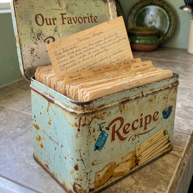 Abuela Meche's tin recipe box full of cards